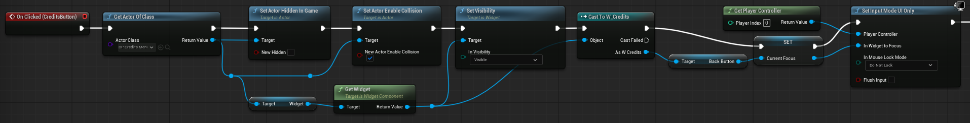 Blueprint nodes showing main menu UI logic implementation